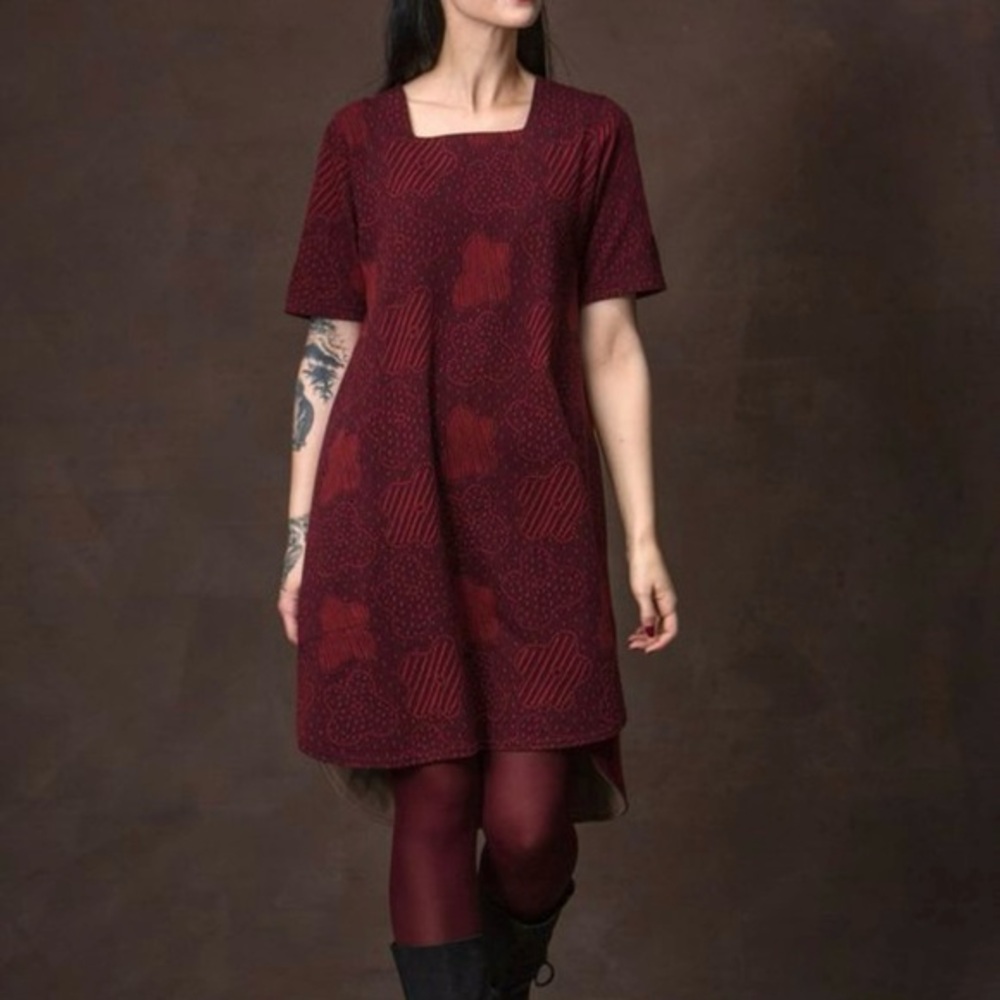 Gudrun Sjoden Scandinavian Floral Boho Short Sleeve Knit Sweater Dress Size L